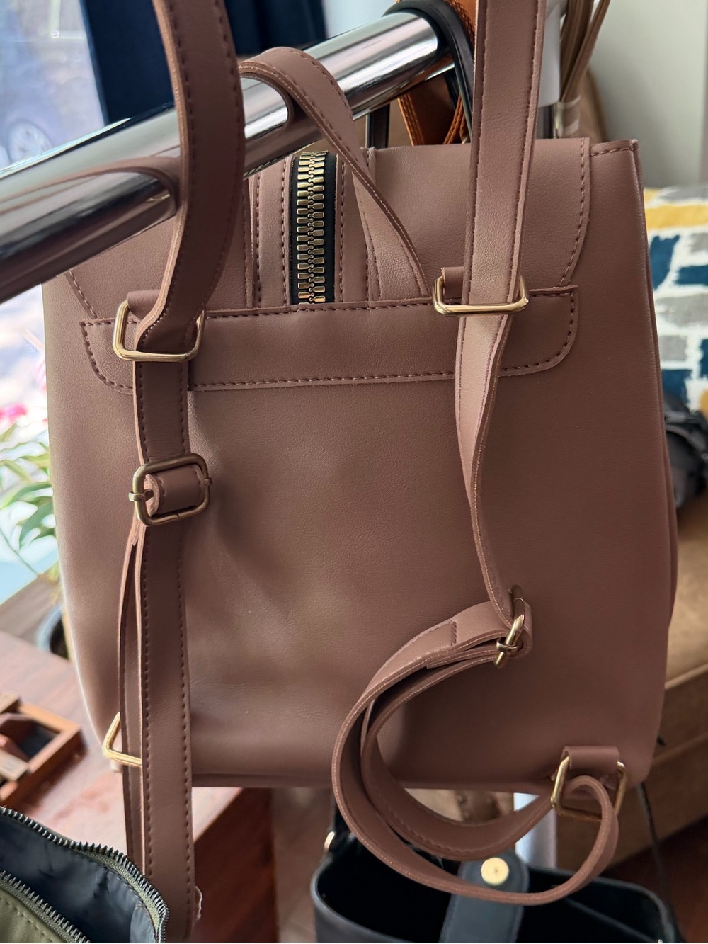 Women's Mauve Faux Leather Backpack with Gold Zip Accent - Picture 3 of 4